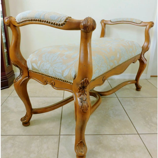 Vintage Light Blue & Beige Upholstered Brass Studded Carved Wood Bench For Sale - Image 11 of 13