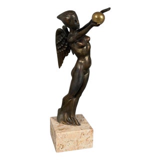 20th Century Nude Goddess Nike Winged Victory Sculpture in Bronze with Marble Base For Sale