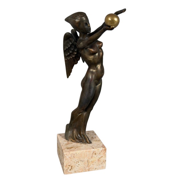 20th Century Nude Goddess Nike Winged Victory Sculpture in Bronze with Marble Base For Sale