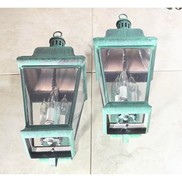 Pair of Vintage Colonial Solid Brass Wall Lanterns. 20”h X 8”.5w X 12”d For Sale - Image 15 of 18