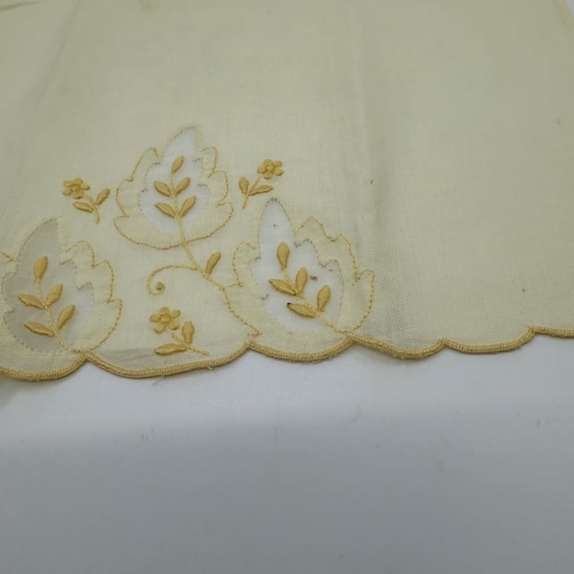 Pair Vintage Embroidered Pale Yellow Madeira Linen & Organza Fingertip Towels For Sale - Image 14 of 15