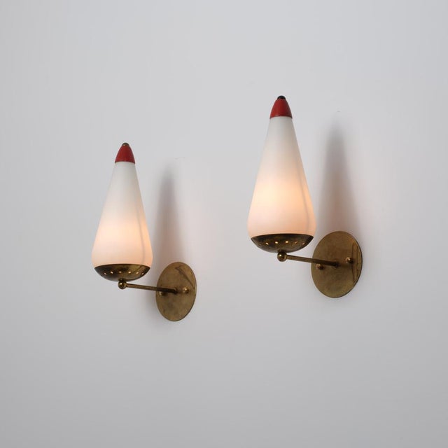 Gold Large Italian Wall Sconces in Brass, Red Metal and Opaline Glass, 1950s, Set of 2 For Sale - Image 8 of 15