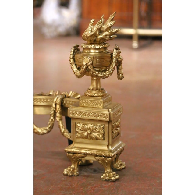 Pair of 19th Century French Louis XVI Gilt Bronze Fireplace Chenets Andirons For Sale - Image 4 of 10