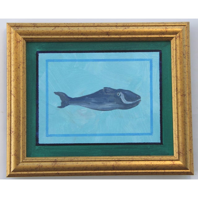 American Whale Coastal Nautical Minimalism Folk Art Blue Gray Original Oil Paintings Set/4 by Cleo Plowden For Sale - Image 3 of 6