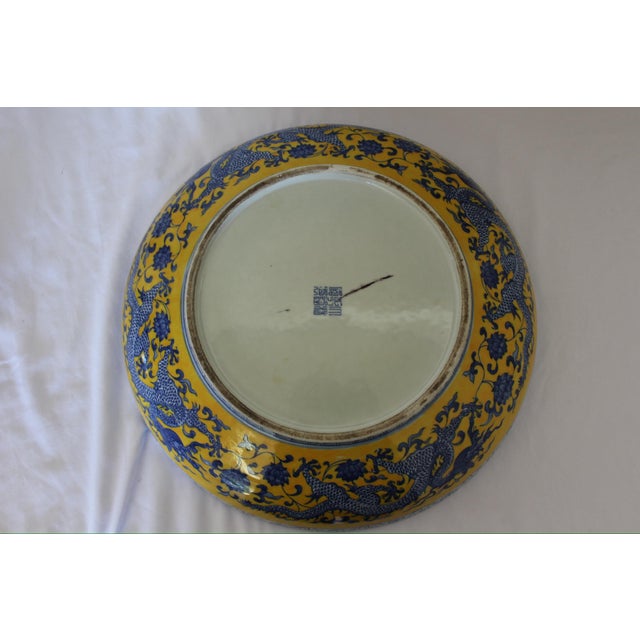 Mid 20th Century 20th Century Chinese Blue & Yellow Dragon Porcelain Charger – 15” Decorative Plate For Sale - Image 5 of 10