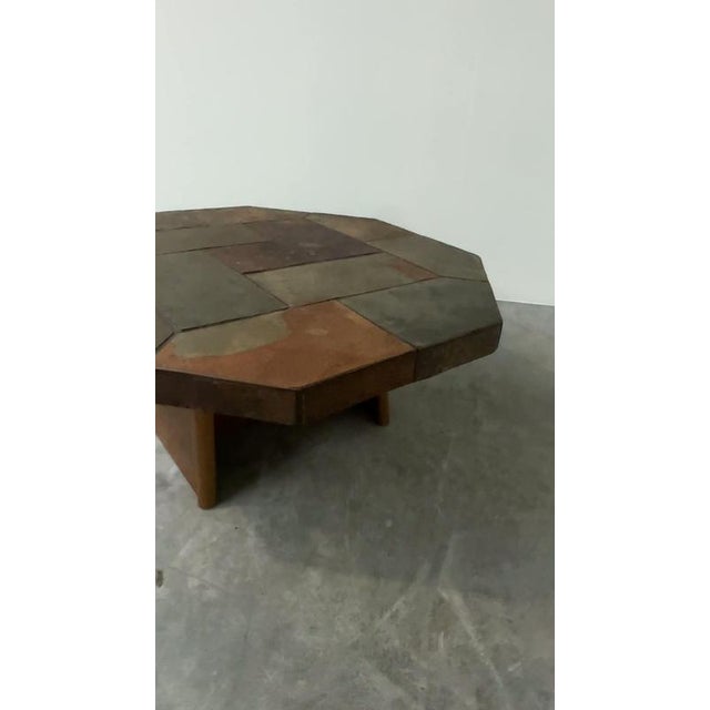 Large Vintage Brutalist Slate Mosaic Coffee Table with Oak Pedestal Base For Sale - Image 15 of 16