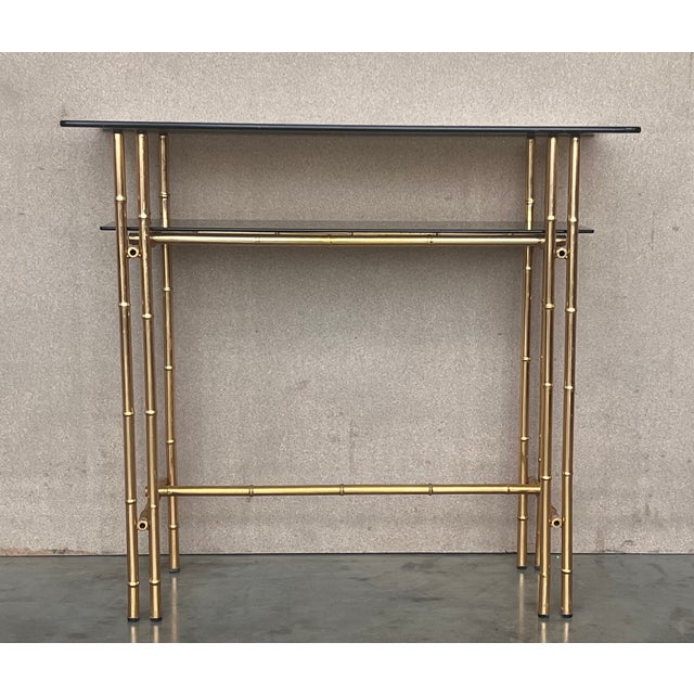 Mid-Century Modern Italian Faux Bamboo Gilt Metal Console With Smoked Glass For Sale - Image 4 of 11