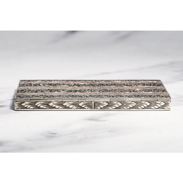 Exceptional Luxury Italian Hand Engraved Ornate Antique Cigarette Case Holder 800 Silver 18k Gold Inlay Tobacciana Collectible For Sale - Image 15 of 17