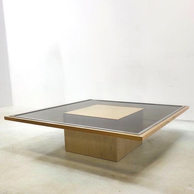 Brass and Travertin Coffee Table by Georges Mathias, Belgium, 1970s For Sale - Image 4 of 10