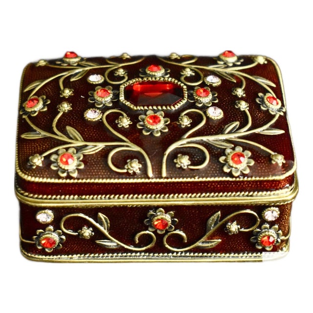 Vintage Two's Company Jeweled Enamel Trinket Box Burgundy Red Victorian Ornate For Sale