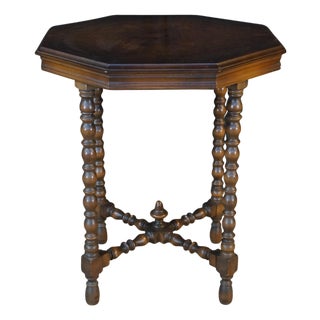 Antique Jacobean Style Walnut Burl Octagonal Parlor Side Accent Table For Sale