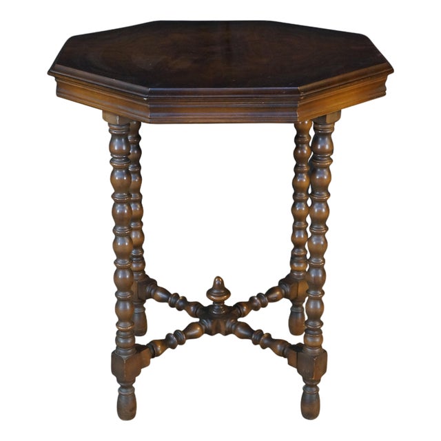 Antique Jacobean Style Walnut Burl Octagonal Parlor Side Accent Table For Sale