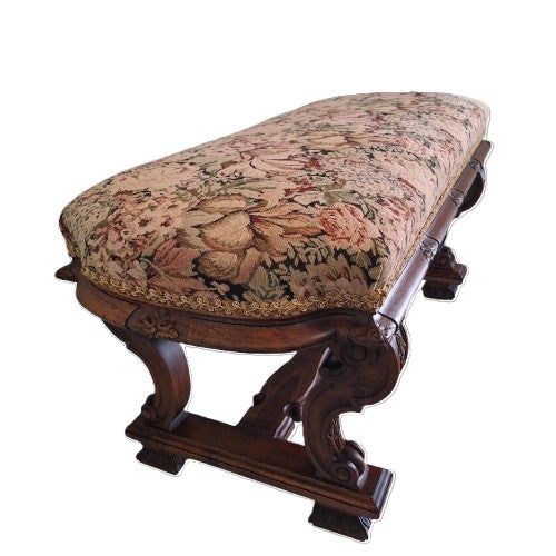 Early 20th Century Antique Upholstered Horsehair Stuffing Walnut Wood Bench For Sale - Image 4 of 17