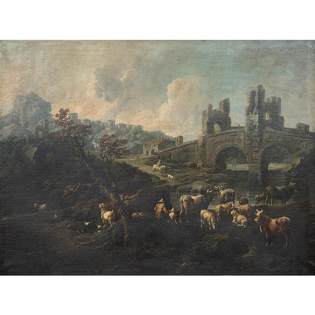 A pair of old oil paintings on canvas attributed to the Neapolitan painter Domenico Brandi, depicting Ponte Mammolo and an...
