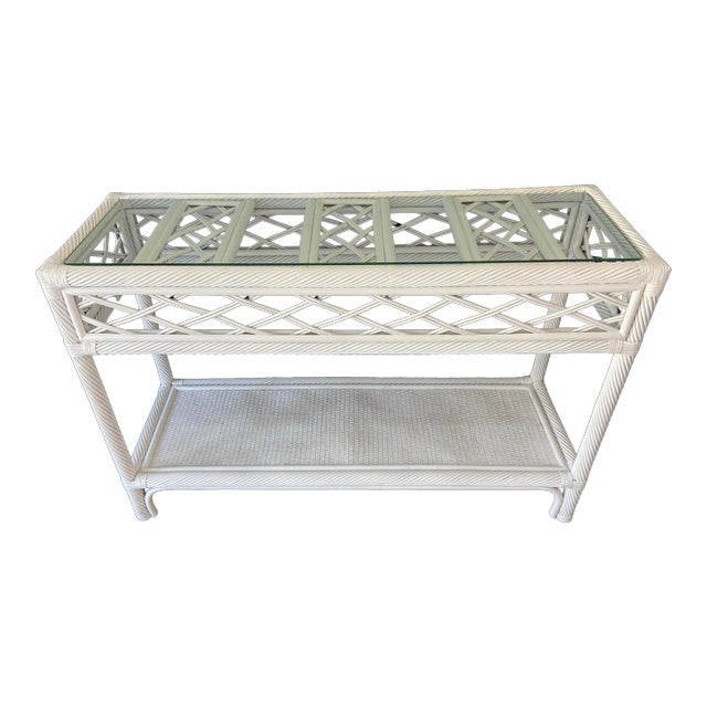 Vintage Ficks Reed Rattan Two Tier Console Sofa Entryway Table For Sale