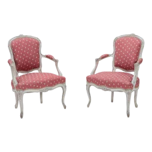 An Elegant Pair of Painted and Carved French Louis XV Style Open Arm Chairs Circa 1900.