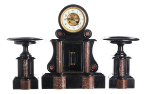 Candleholders and Table Clock in Black and Red Marble, Set of 3