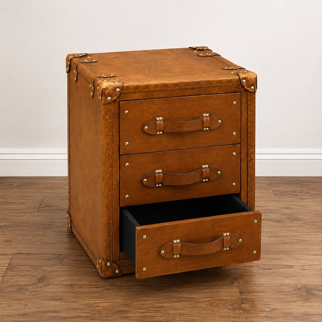 Not Yet Made - Made To Order Luxury Handmade Leather Bedside Tables, Pair of Vintage Trunk Nightstands, Tan Leather 3 Drawer Bedside Cabinets With Brass Studs For Sale - Image 5 of 12
