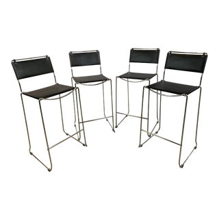 Marcel Breuer Style Italian Leather and Chrome Stools — Set of Four For Sale
