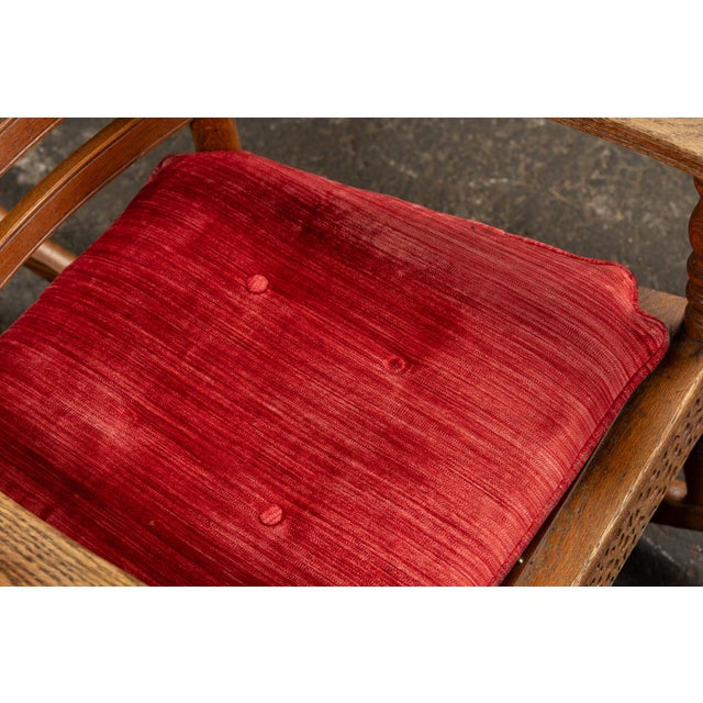 Brown Antique Wooden Rocking Chair With Red Cushion For Sale - Image 8 of 10