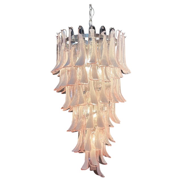 Large Italian Murano Glass Spiral Chandelier with 83 Pink Glass Petals, 1990s For Sale