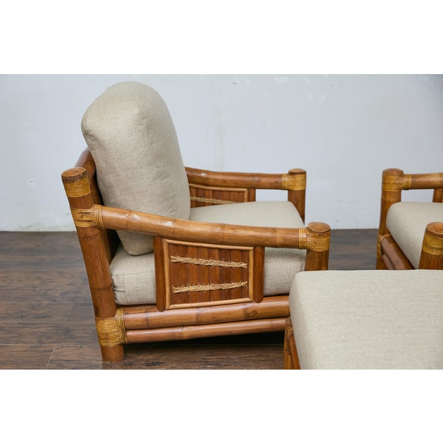 Wood Midcentury Bamboo Lounge Chairs with Ottoman, Rattan Accents, and Linen Fabric For Sale - Image 7 of 12