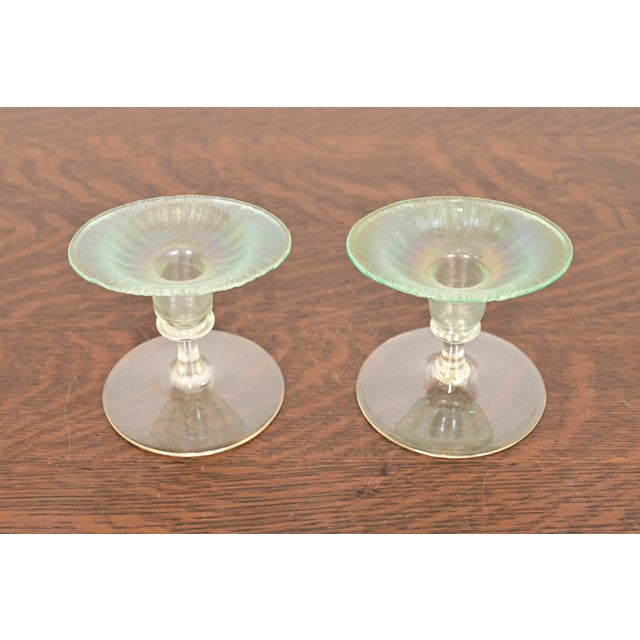 A gorgeous pair of antique Arts & Crafts or Art Nouveau period Favrile pastel iridescent art glass candlesticks By Louis...