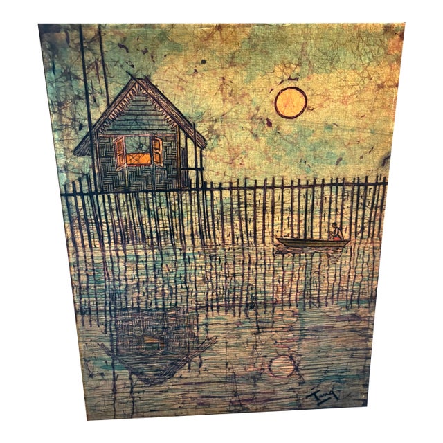 Vintage Signed Chuah Thean Teng Batik Painting, Moonlit Village Scene, Malaysia C. 1960s For Sale
