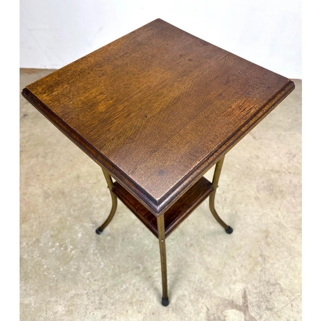 Early 20th Century Antique Arts & Crafts Oak and Gilt Metal Two-Tier Plant Stand For Sale - Image 5 of 10