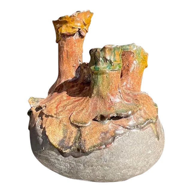 Vintage Organic Modern Sculptural Three-Spout Pottery Vase For Sale