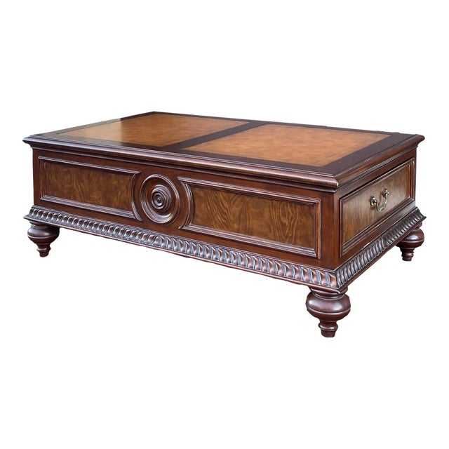 Ethan Allen Townhouse Collection British Colonial Maple & Burlwood 2 Drawer Leather Top Coffee Table For Sale