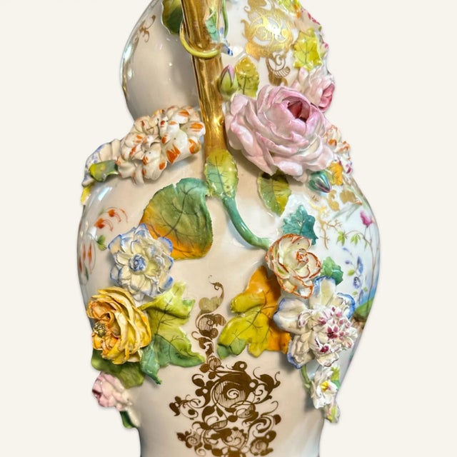 Mid 19th Century Pair of Mid 19th Century Rockingham Porcelain Vases With Applied Floral Decoration and Gilt Accents For Sale - Image 5 of 8