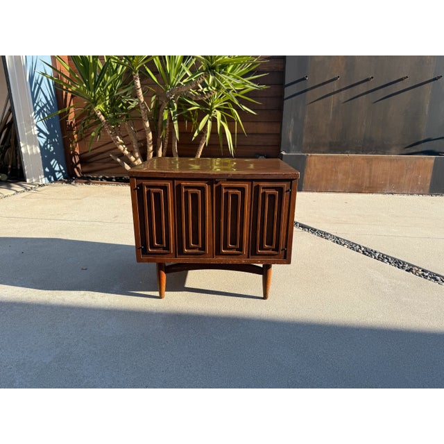 MCM Broyhill Sculptra Commode nightstand in original condition. Walnut color wood.