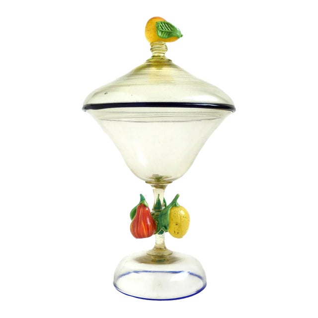 Venetian Antique Murano Pear Lemon Fruit Decorated Italian Art Glass Covered Jar, Art Nouveau-Deco Era For Sale
