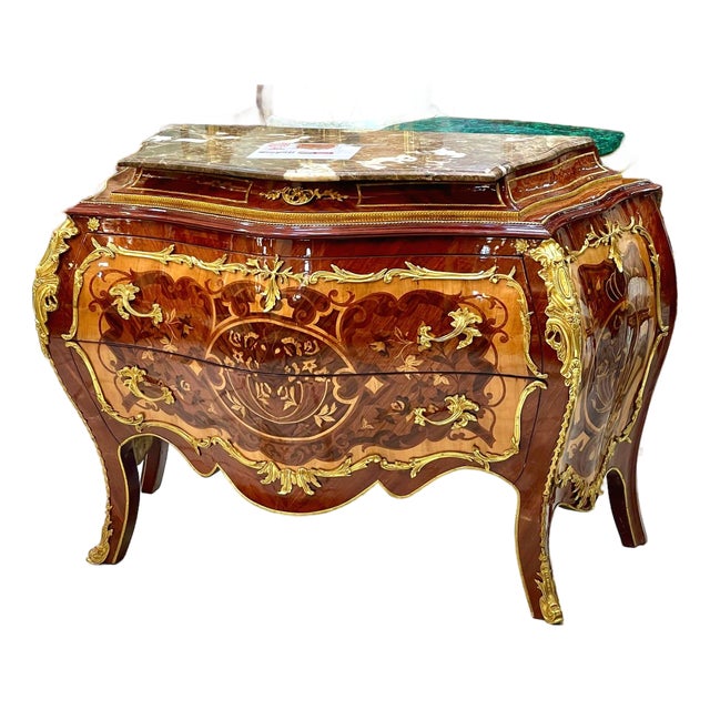 Rococo Marble Top Dresser With Hand-Carved Wood Frame, Two Spacious Drawers & Hand-Gilded Gold Leaf Details For Sale