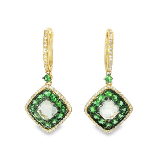Mid-Century Modern Mid 20th Century 14k Yellow Gold Green Amethyst Diamond Tsavorite Drop Dangle Earrings, Pair For Sale - Image 3 of 4