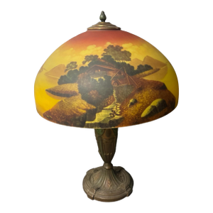 Antique Reverse Painted Glass Table Lamp Scenic Landscape Shade