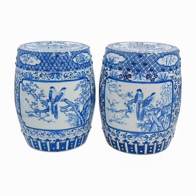 Late 20th Century Pair of Blue and White Chinoiserie Porcelain Garden Stools For Sale - Image 4 of 14
