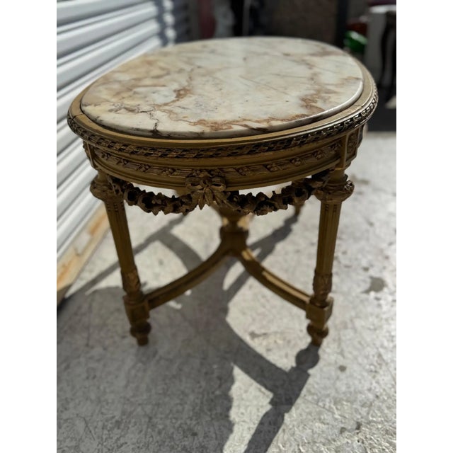 1940's Carved Louis XVI Oval Marble Top Coffee Table For Sale - Image 4 of 4