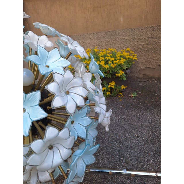 Metal Large Brass Pendant Lamp with White and Blue Murano Glass Flowers For Sale - Image 7 of 9