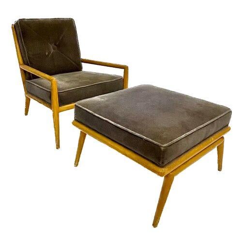 Vintage Mid-Century Modern Robsjohn Gibbings lounge chair and ottoman set. Lavender velvet upholstery with removable back...