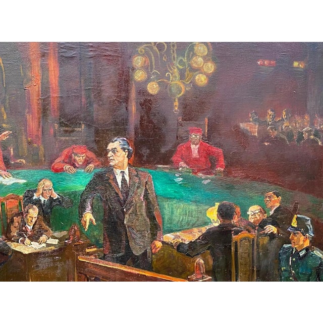 Campaign Vintage "Dimitrov at Leipzig Trial" Oil Painting, 1985 For Sale - Image 3 of 6