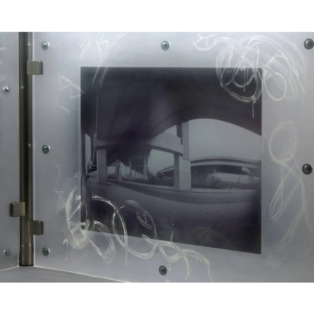 Metal Large Urban Art Sculpture With Photo Transparency and Lucite "Diptych 2" For Sale - Image 7 of 10
