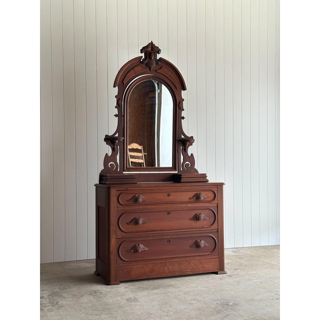 Antique Mid-19th Century Walnut Dresser With Arched Mirror & Hidden Drawer For Sale - Image 13 of 16