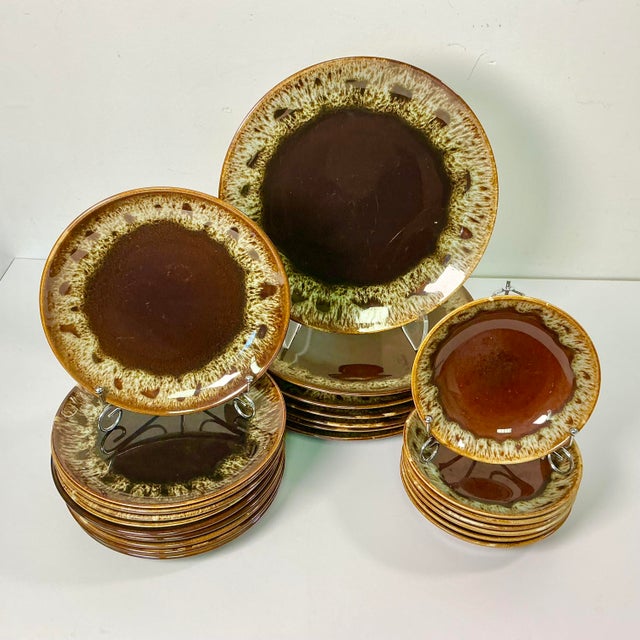 1980s Vintage Brutalist Boho Chic Arts & Crafts Lava Drip Dinnerware - Set of 24 For Sale - Image 4 of 14