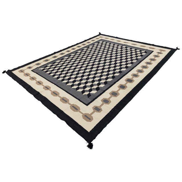 Modernist Navajo Style Geometric Flatweave Wool Rug With Optical Cube Pattern For Sale - Image 4 of 12