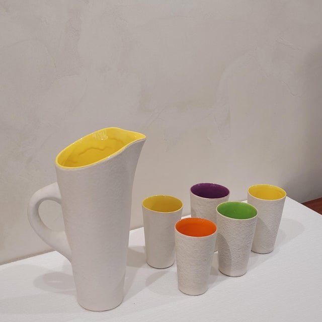 1960s Neustricer Jug and Glasses from Saint-Pair-sur-Mer Ceramics, France, 1950s, Set of 6 For Sale - Image 5 of 12