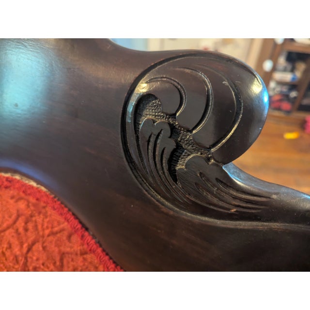 Traditional Vintage Wooden Armchair With Red Upholstery – Carved Details and Claw Feet, Vintage Accent Chair For Sale - Image 3 of 16