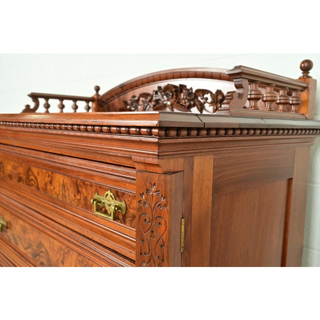 Herter Brothers Style Antique Eastlake Victorian Carved Walnut and Burl Wood Highboy Dresser, Circa 1880s For Sale - Image 10 of 17