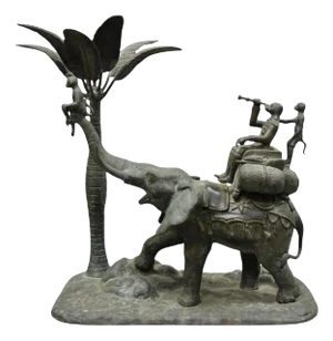 Late 20th Century Maitland-Smith Large Bronze Monkey Palm Leaf Tree Sculpture Candle Holder